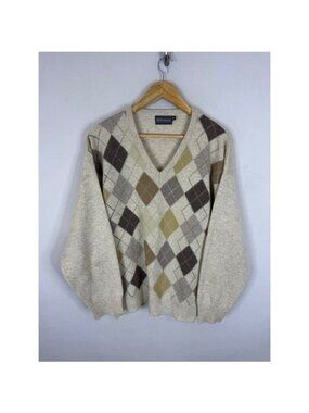 Fisherman out of Ireland Mens M Argyle V-Neck Sweater Beige Wool  Ireland